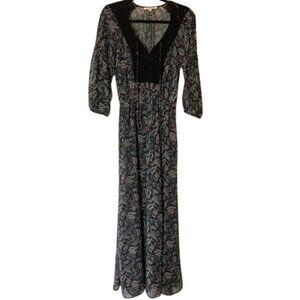 Daniel Rainn Black Paisley Maxi Dress With Lace Yoke & 3/4 Sleeves XS